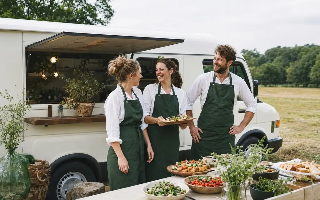 Outdoor catering team beside their food van