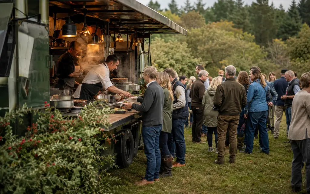 Busy field kitchen catering for a large outdoor event