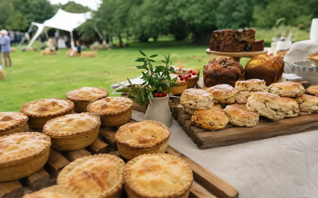 Fresh British pies, scones and cakes cooling outdoors