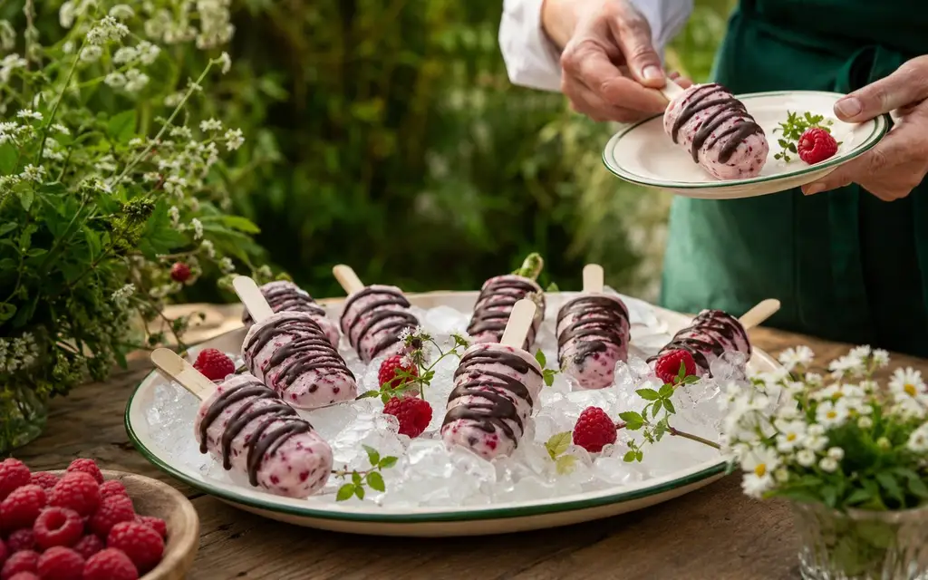 Raspberry and chocolate frozen yoghurt pops
