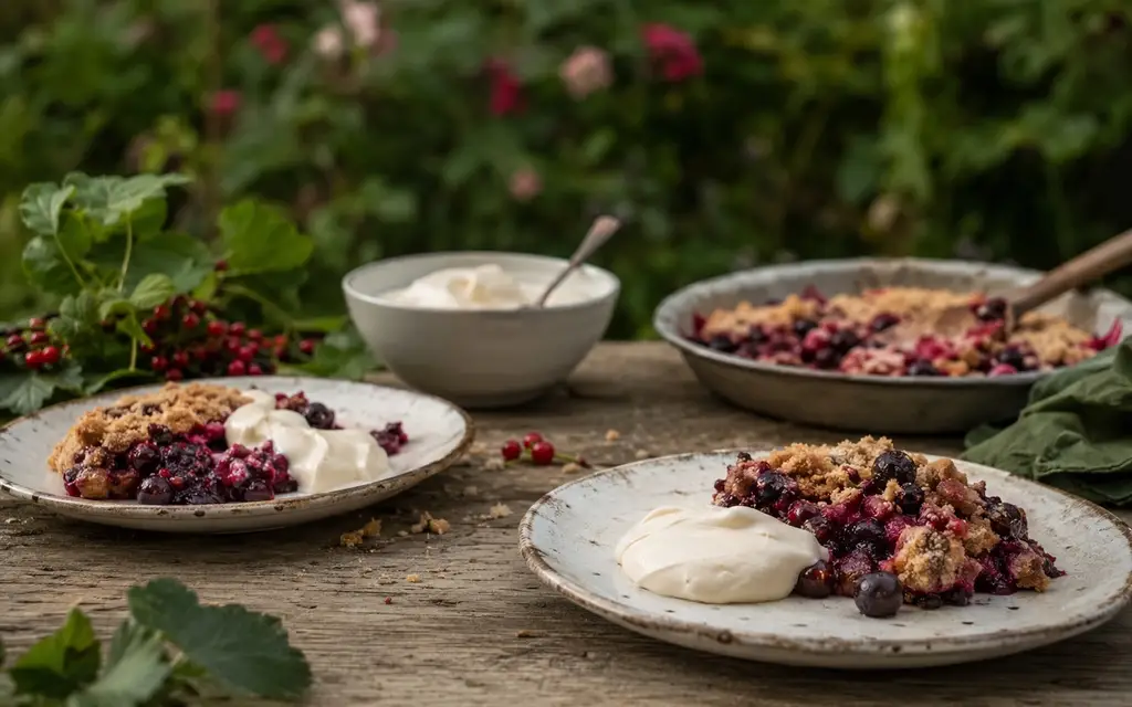 Homemade berry desserts on a rustic outdoor table