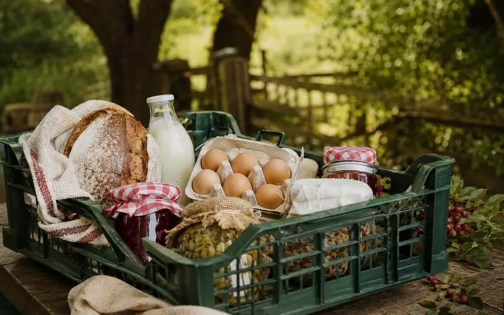 Local pantry essentials arranged in a reusable crate