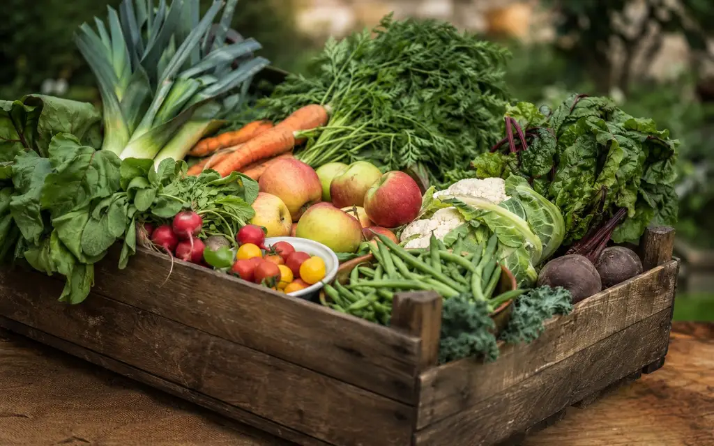 Box of fresh local fruit and seasonal vegetables