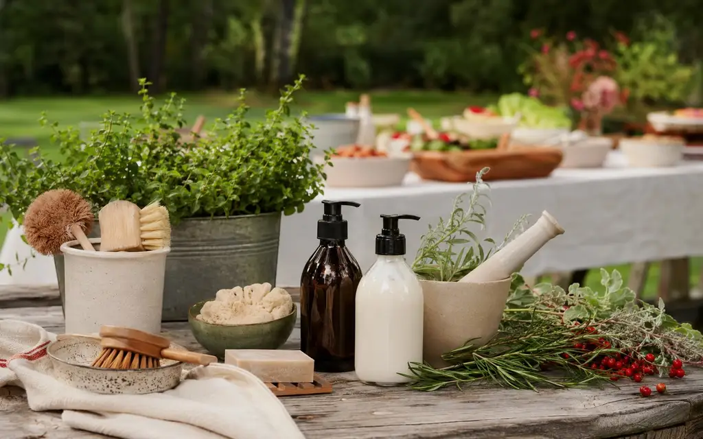 Natural handcare and home goods beside fresh herbs