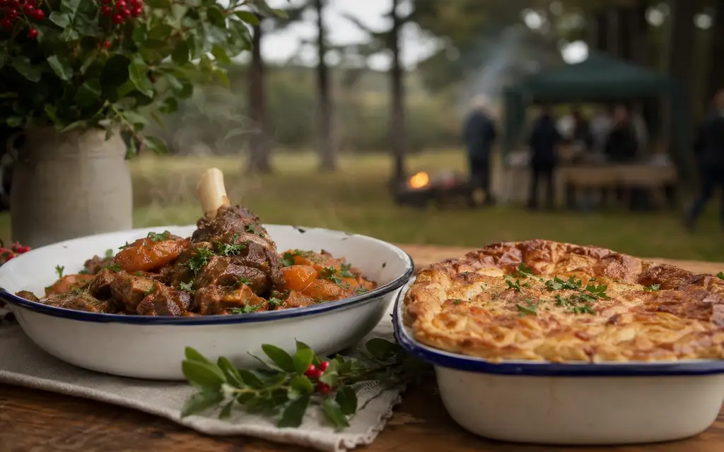 Hearty outdoor-catered main meals in rustic enamel dishes