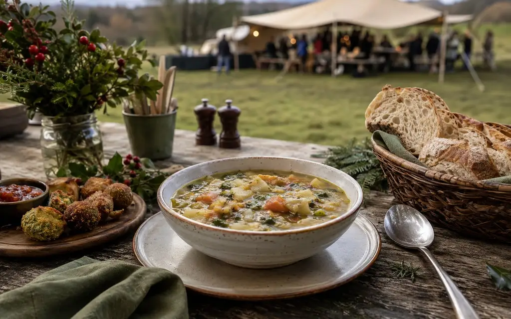 Seasonal soup and savoury snacks served outdoors